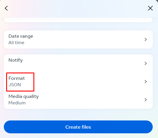 Instagram's file options screen with the Format row set to JSON and outlined