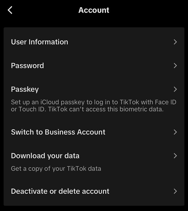TikTok's Account screen with the Download your data row visible
