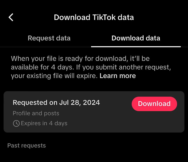 TikTok's Download data tab showing a completed request with a Download button and a 4-day expiry