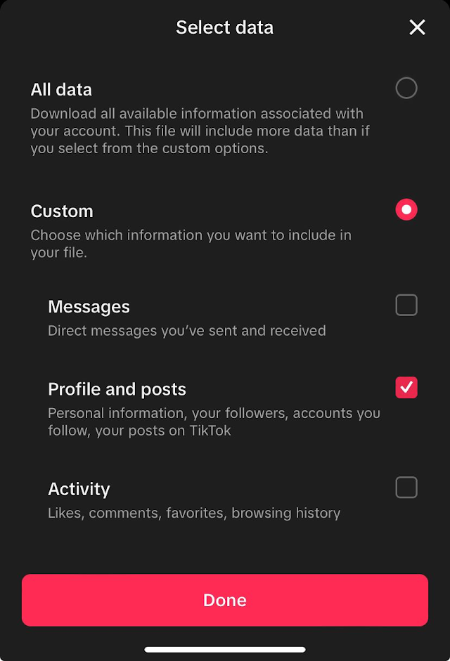 TikTok's Select data sheet with Custom chosen and Profile and posts ticked