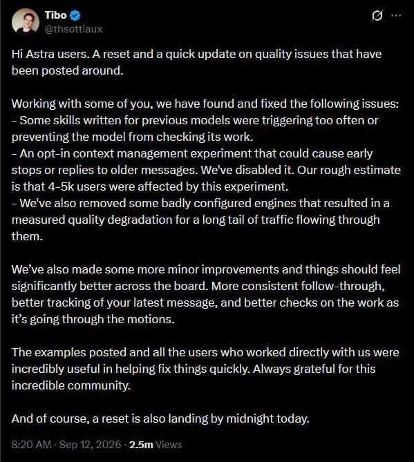 Astra Reset Brings Fixes for Context and Skill Bugs