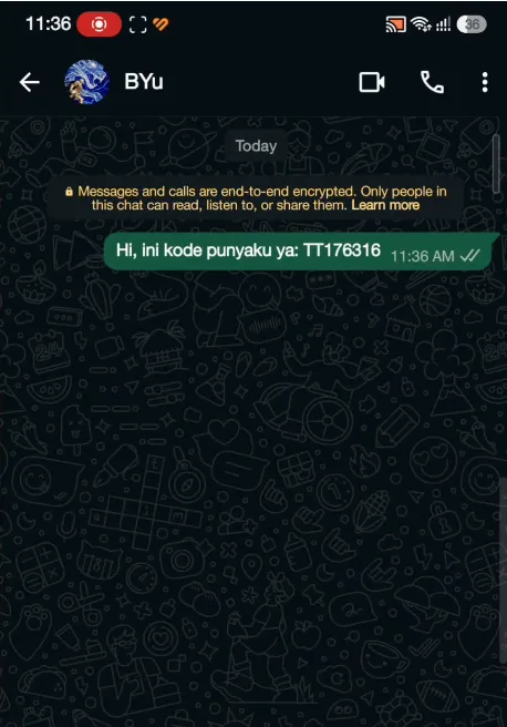 The code message sent to the bot on WhatsApp