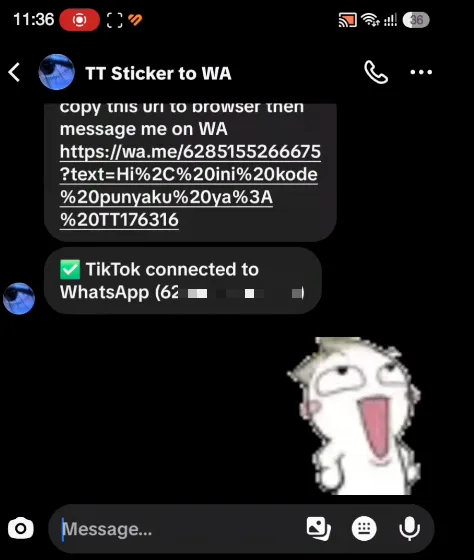 TikTok confirms the link, then a sticker is sent to the bot